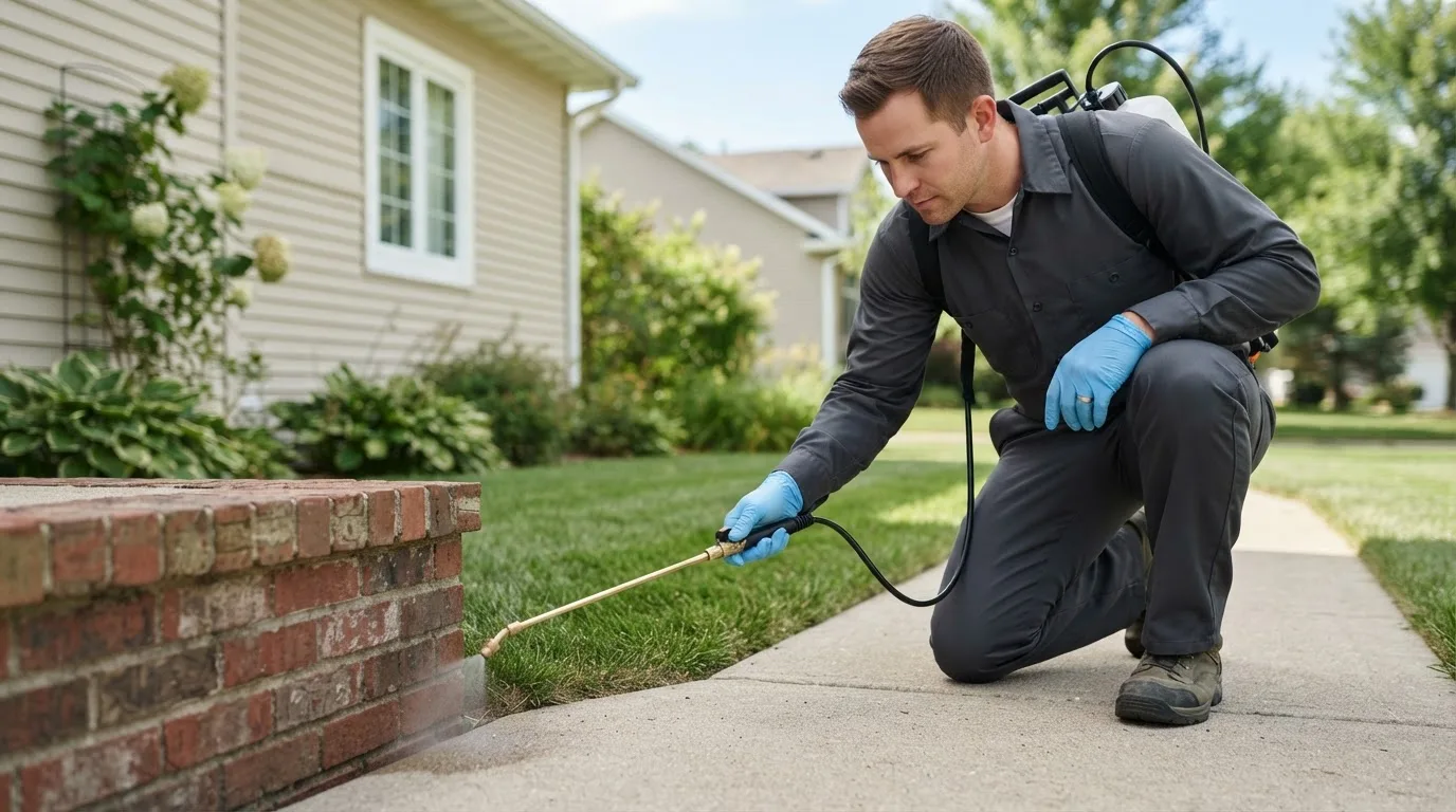 Pest control technician treating a home near Braddyville, IA