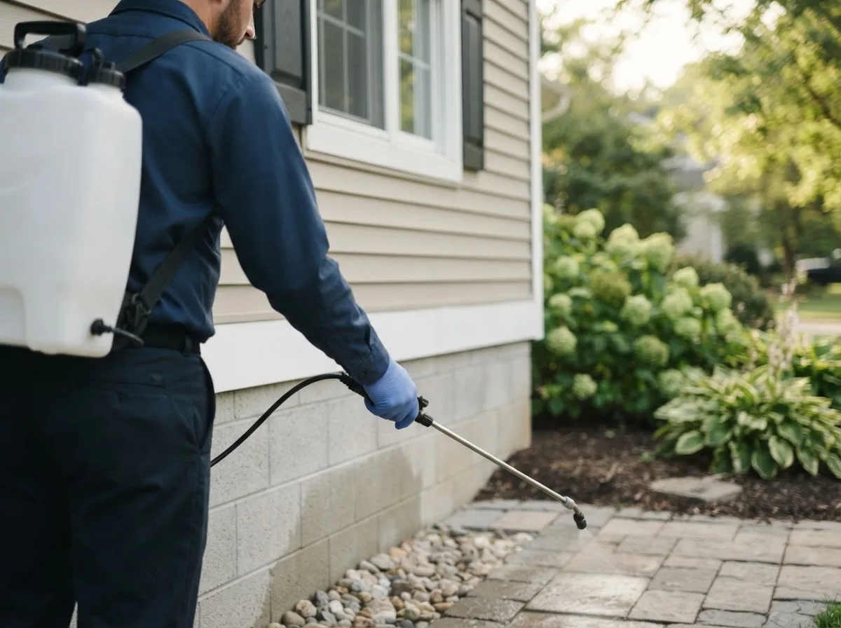 Pest control technician inspecting a home in Braddyville, IA